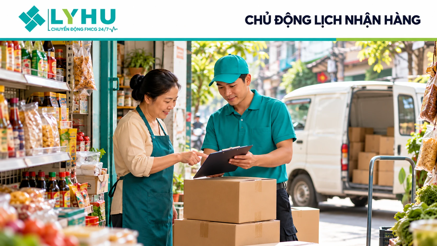 Chủ tiệm và người giao hàng đối chiếu đơn nhận