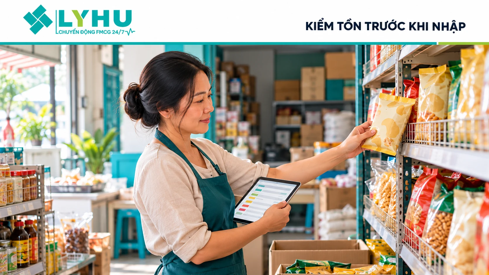 Chủ tiệm kiểm hàng trên kệ trước khi nhập thêm