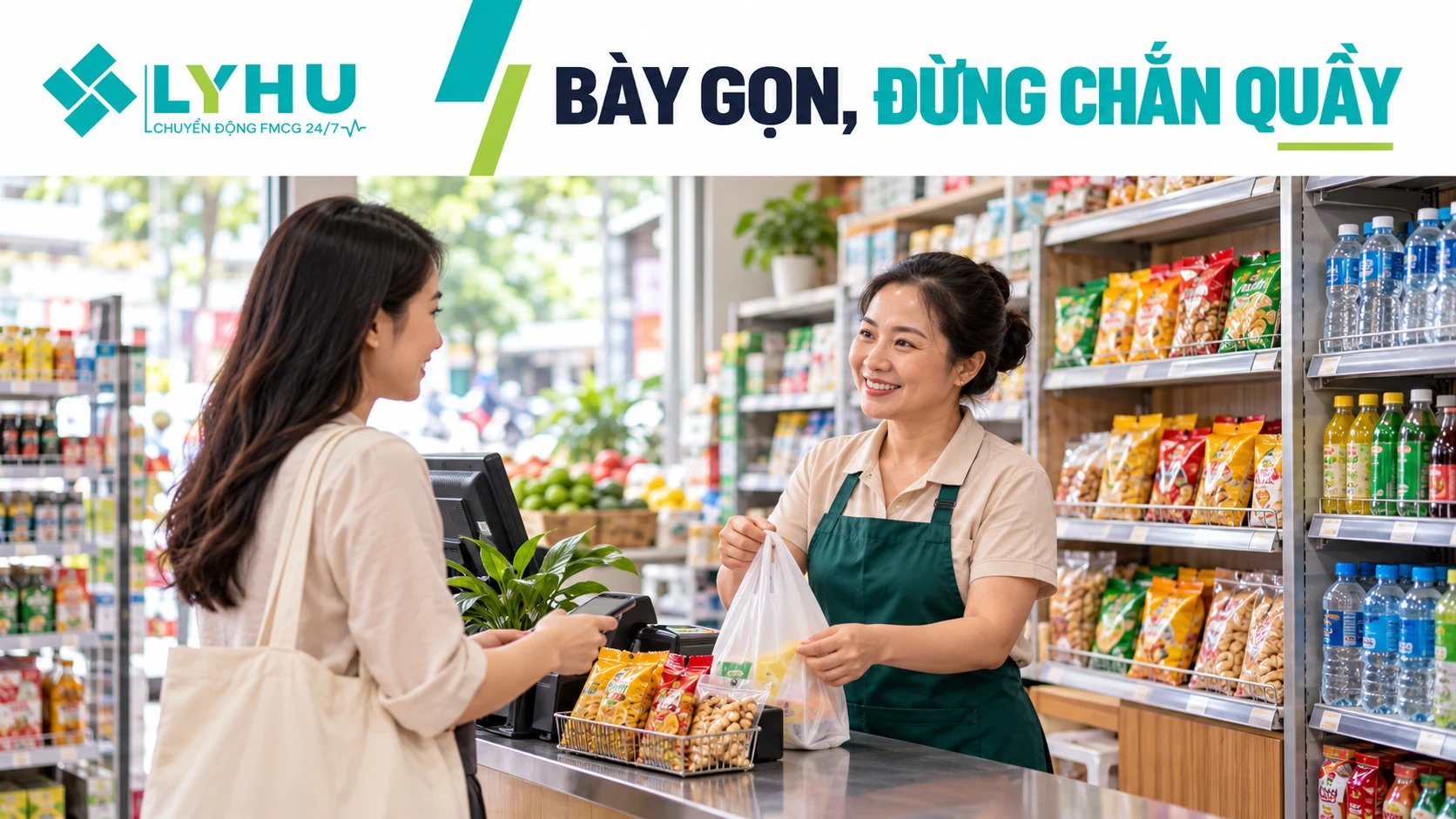 Khay đồ ăn vặt nhỏ bên quầy, khu thanh toán vẫn thông thoáng