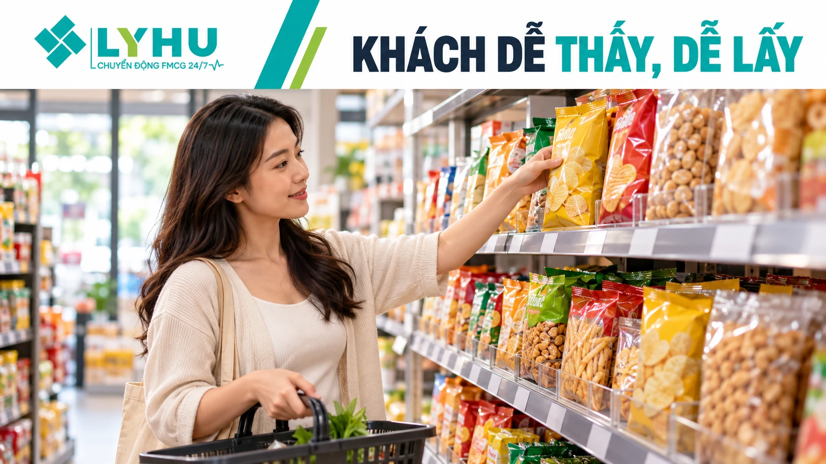 Bày đồ ăn vặt vừa tầm nhìn, mặt gói quay ra ngoài
