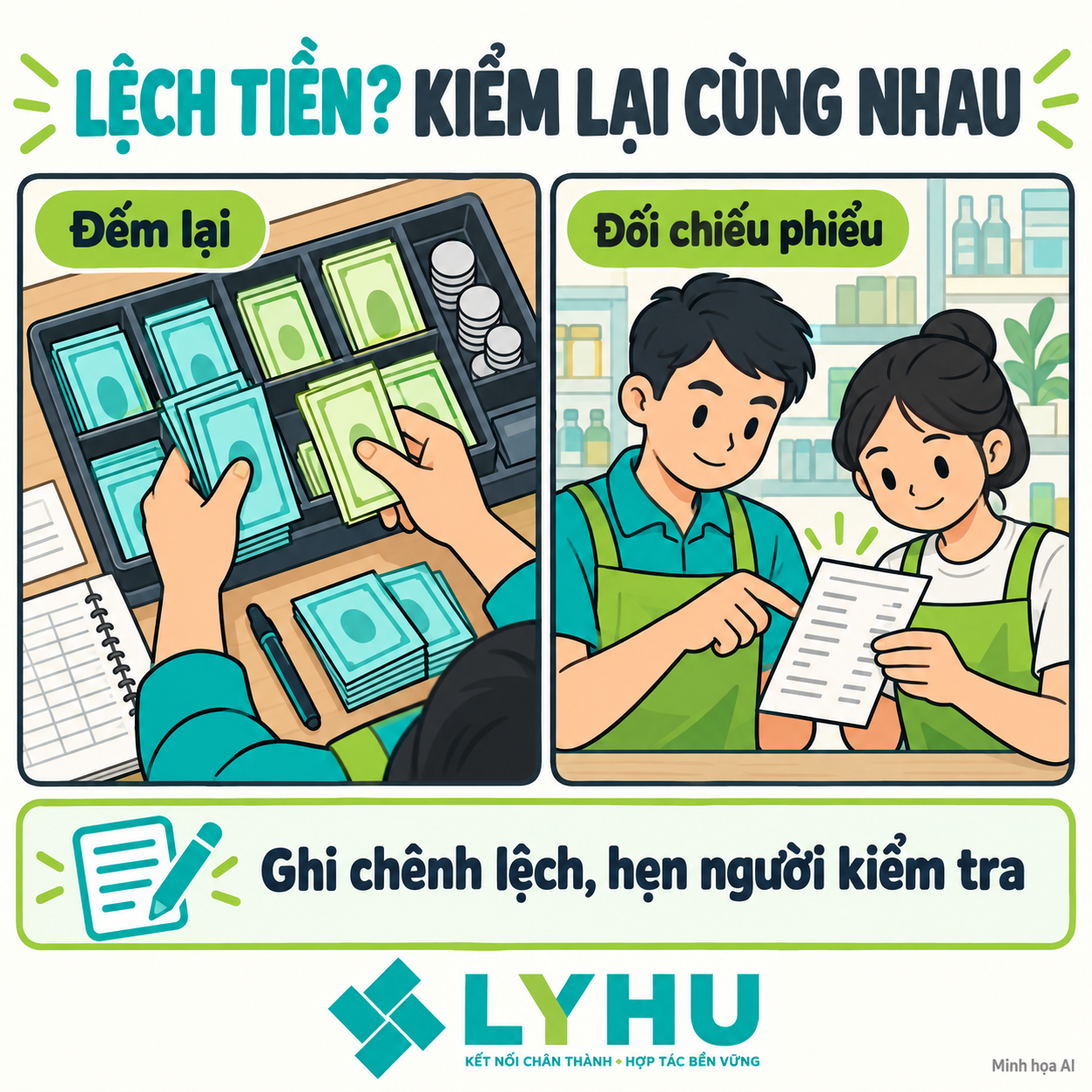 Hai thao tác khi lệch tiền: cùng đếm lại và đối chiếu phiếu
