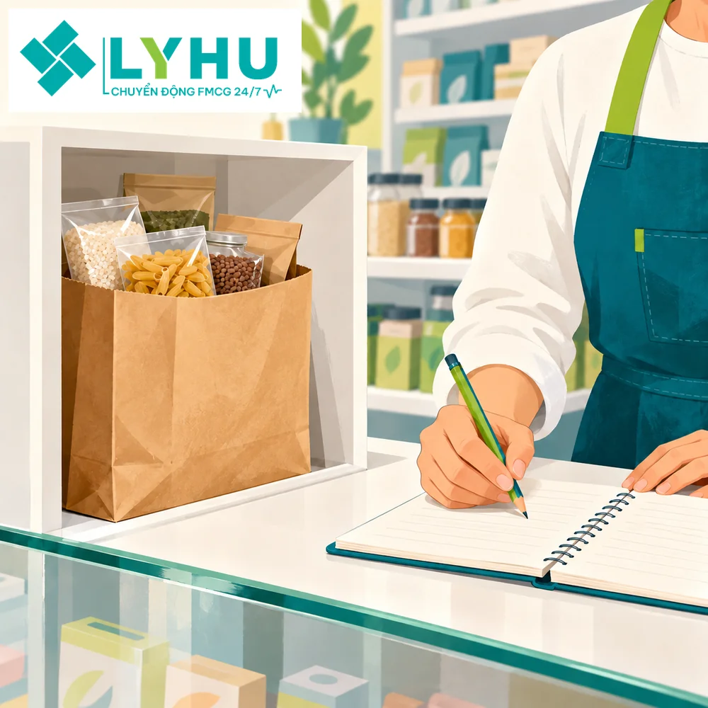 Túi hàng để riêng sau quầy và sổ ghi nhận